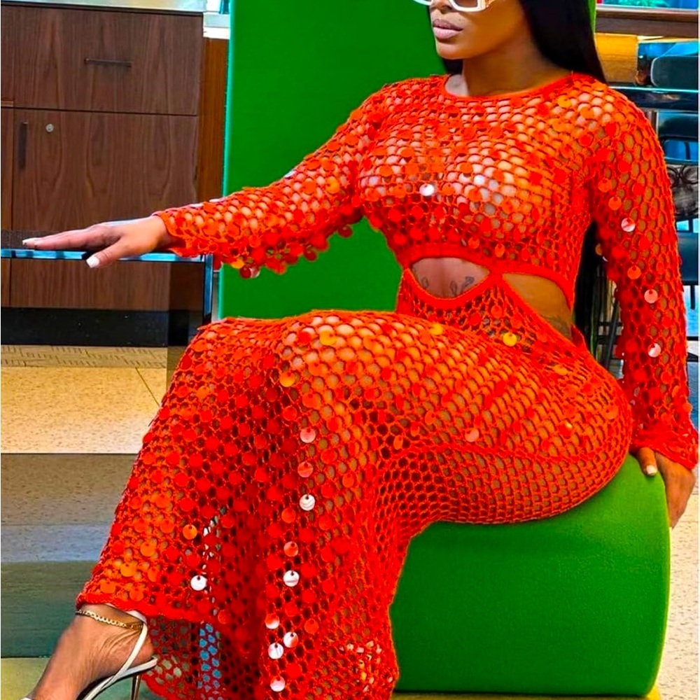 Sequin Crochet Maxi Dress/Cover Up